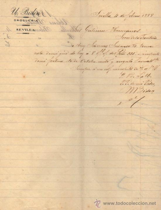 Commercial Letters: CARTA COMERCIAL DE ULISES. BIDON. DROGUERIA. SEVILLA. 1888