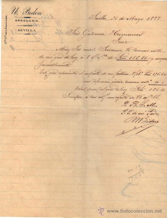 Gesch&auml;ftsbriefe: CARTA COMERCIAL DE ULISES. BIDON. DROGUERIA. SEVILLA. 1888
