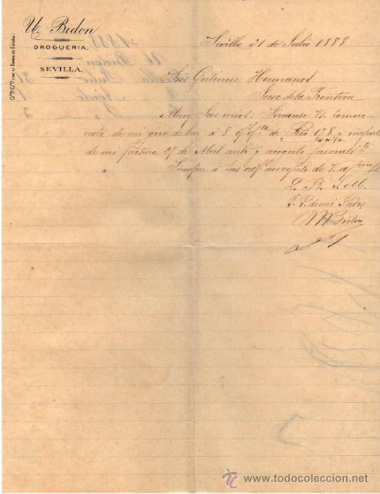 Cartas comerciales: CARTA COMERCIAL DE ULISES. BIDON. DROGUERIA. SEVILLA. 1888