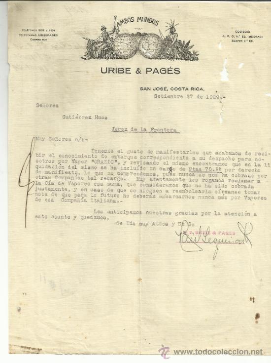 Commercial Letters: CARTA COMERCIAL DE URIBE & PAG&Eacute;S. SAN JOS&Eacute;. COSTA RICA. 1929