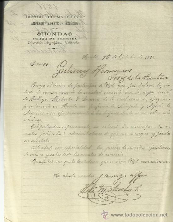 Cartas comerciales: CARTA COMERCIAL DE DOCTOR HELI MAHECHA. ABOGADO Y AGENTE DE NEGOCIOS. HONDA. COLOMBIA. 1503