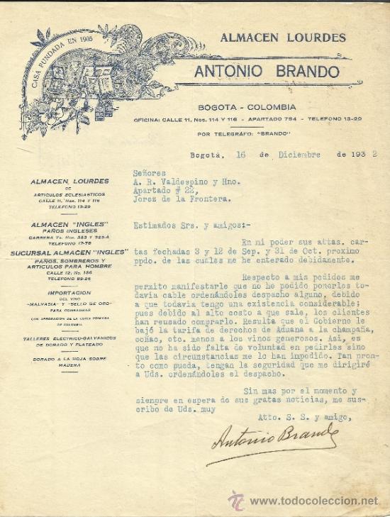 Gesch&auml;ftsbriefe: CARTA COMERCIAL DE ALMAC&Eacute;N LOURDES. ANTONIO BRANDO. BOGOT&Aacute;. COLOMBIA. 1932