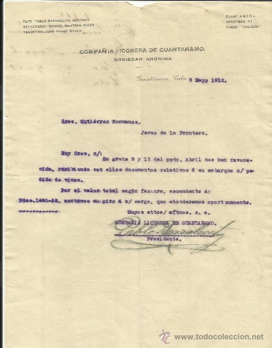Cartas comerciales: CARTA COMERCIAL DE COMPA&Ntilde;IA LICORERA DE GUANT&Aacute;NAMO. PABLO BARRABEITG BERTRAN. GUANT&Aacute;NAMO. CUBA. 1912