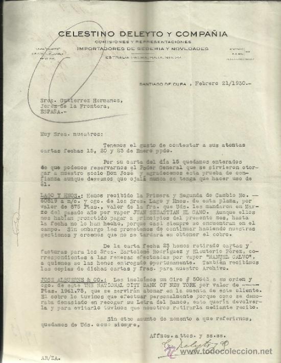 Cartas comerciales: CARTA COMERCIAL DE CELESTINO DELEYTO Y COMPA&Ntilde;IA. SANTIAGO DE CUBA. CUBA. 1930