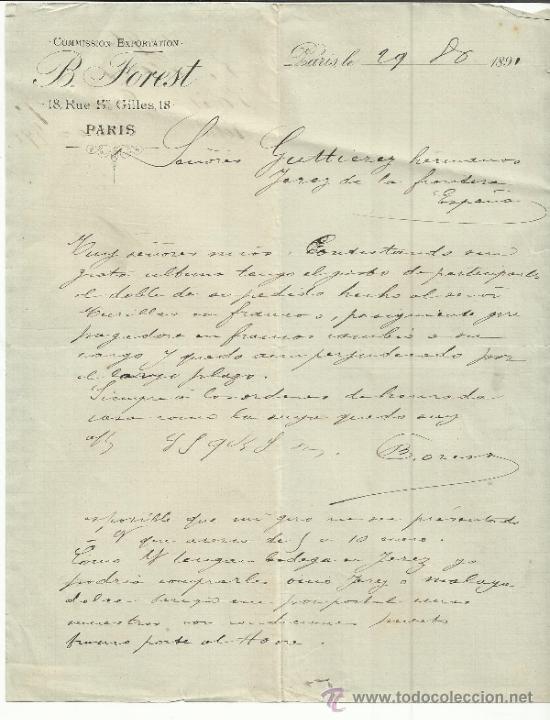 Cartas comerciais: CARTA COMERCIAL DE F. FOREST. COMISI&Oacute;N Y EXPORTACI&Oacute;N. PAR&Iacute;S. 1891