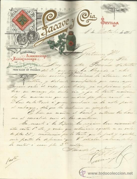 Cartas comerciales: CARTA COMERCIAL DE LACAVE Y C&ordf;. COSECHEROS, ALMACENISTAS Y EXPORTADORES. SEVILLA. 1896
