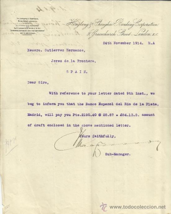 Commercial Letters: CARTA COMERCIAL DE HONGKONG & SHANGAY BANKING CORPORATION. LONDON. GB. 1914