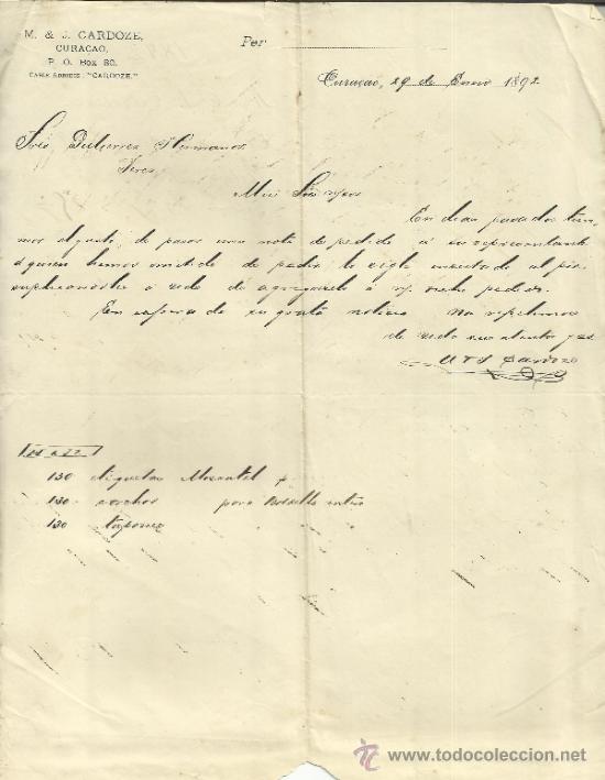 Commercial Letters: CARTA COMERCIAL DE M & J CARDOZE, CURACAO. 1892