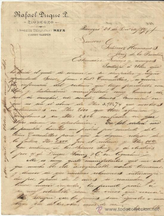 Commercial Letters: CARTA COMERCIAL DE RAFAEL DUQUE P. RIONEGRO. COLOMBIA. 1891