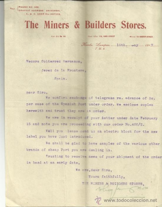 Commercial Letters: CARTA COMERCIAL DE THE MINERS & BUILDERS STORES. KUALA LUMPUR. MALASIA. 1917