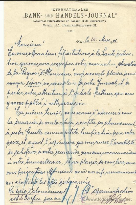 Commercial Letters: CARTA COMERCIAL DE BANK UND HANDELS-JOURNAL. VIENA. AUSTRIA. 1904