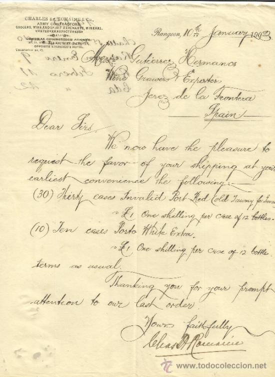 Commercial Letters: CARTA COMERCIAL DE CHARLES St. ROMAINE & Co. ARMY CONTRACTORS. RANGOON. BIRMANIA. 1903