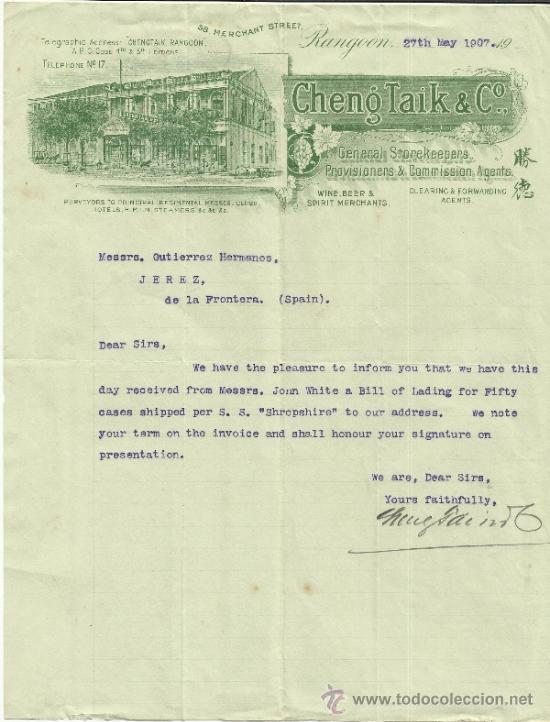 Commercial Letters: CARTA COMERCIAL DE CHENG TAIK & Co. RANGOON. BIRMANIA. 1907