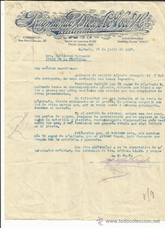Commercial Letters: CARTA COMERCIAL DE RAYMUNDO DIEZ, LE VOCI H. IMPORTADORES. SAO PAULO. BRASIL. 1927