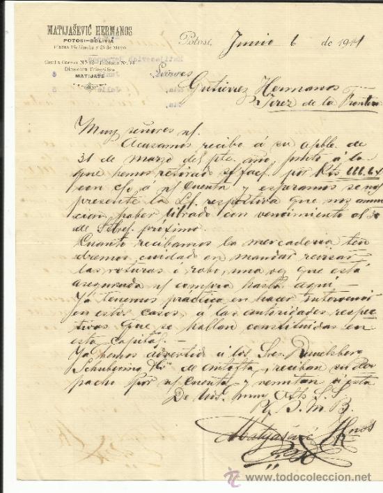 Commercial Letters: CARTA COMERCIAL DE MATIJASEVIC HERMANOS. POTOS&Iacute;. BOLIVIA. 1914