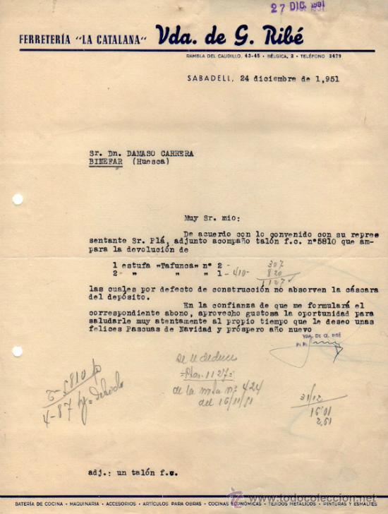 Commercial Letters: CARTA COMERCIAL DE VDA. DE G. RIB&Eacute;. FERRETER&Iacute;A LA CATALANA. SABADELL. 1951.