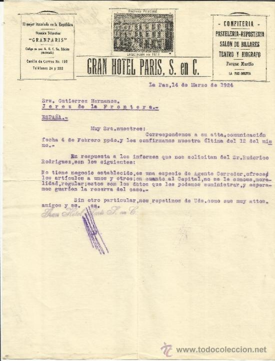 Commercial Letters: CARTA COMERCIAL DE GRAN HOTEL PARIS S. en C. LA PAZ. BOLIVIA. 1924