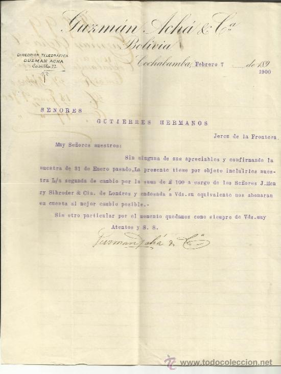 Commercial Letters: CARTA COMERCIAL DE GUZMAN ACH&Aacute; & C&ordf;. COCHABAMBA. BOLIVIA. 1900