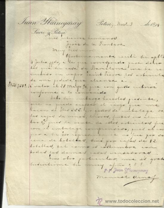 Commercial Letters: CARTA COMERCIAL DE JUAN YBARNEGARAY. POTOS&Iacute;. BOLIVIA. 1894