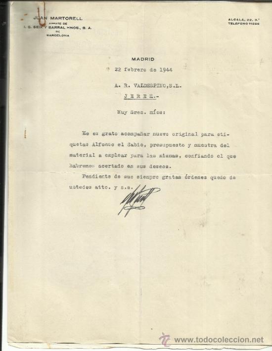 Commercial Letters: CARTA COMERCIAL DE JUAN MAROTORELL AGENTE DE SEIX Y BARRAL HNOS. CON CONSTESTACI&Oacute;N. MADRID. 1944