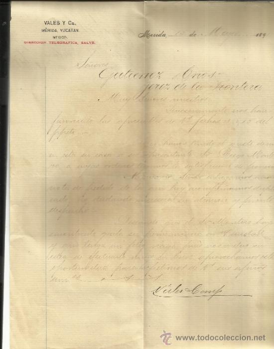 Commercial Letters: CARTA COMERCIAL DE VALES Y C&ordf;. M&Eacute;RIDA. YUKAT&Aacute;N. M&Eacute;XICO. 1891