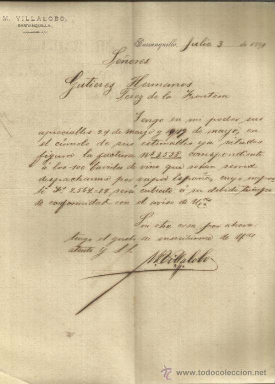 Commercial Letters: CARTA COMERCIAL DE M. VILLALOBO. BARRANQUILLA. COLOMBIA. 1891