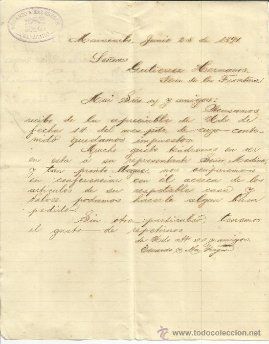 Lettres commerciales: CARTA COMERCIAL DE EDUARDO & MAC GREGOR. MARACAIBO. VENEZUELA. 1891