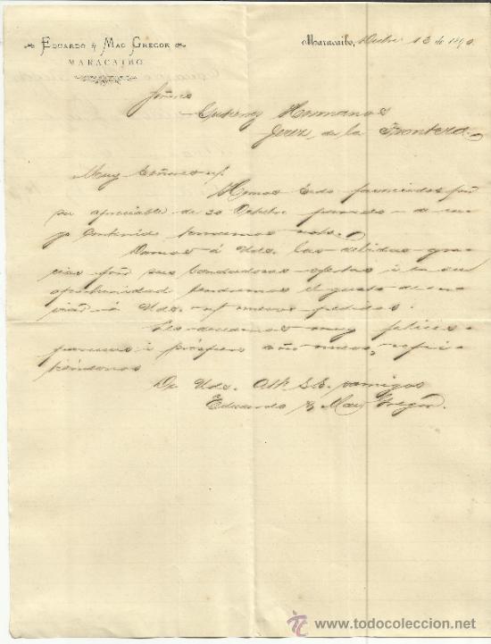 Lettres commerciales: CARTA COMERCIAL DE EDUARDO & MAC GREGOR. MARACAIBO. VENEZUELA. 1890