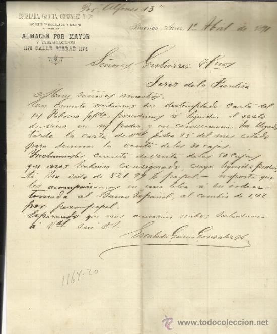 Commercial Letters: CARTA COMERCIAL DE  ESCALADA, GARC&Iacute;A GONZ&Aacute;LEZ AND C &ordf;. BUENOS AIRES. ARGENTINA. 1891