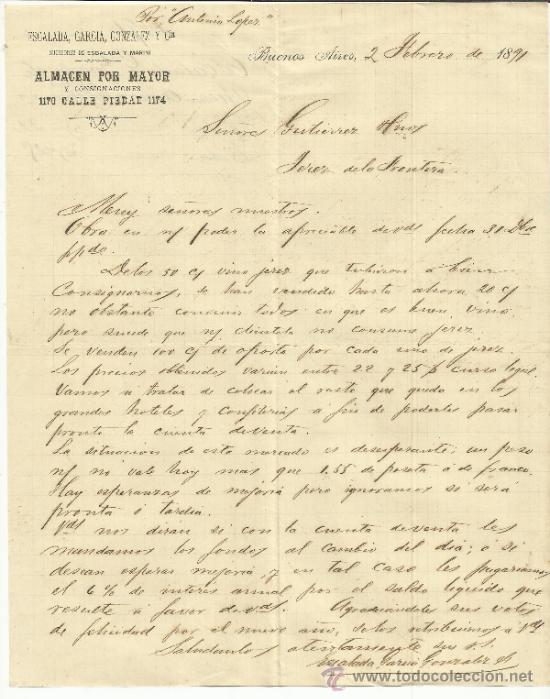 Commercial Letters: CARTA COMERCIAL DE ESCALADA, GARC&Iacute;A, GONZ&Aacute;LEZ AND C &ordf;. BUENOS AIRES. ARGENTINA. 1891