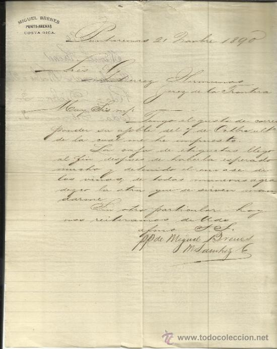 Commercial Letters: CARTA COMERCIAL DE MIGUEL BRENES. PUNTA-ARENAS. COSTA RICA. 1890