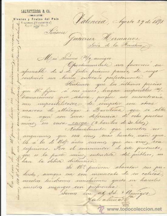 Commercial Letters: CARTA COMERCIAL DE SALVATIERRA & CA. COMERCIANTES. VALENCIA. VENEZUELA. 1891