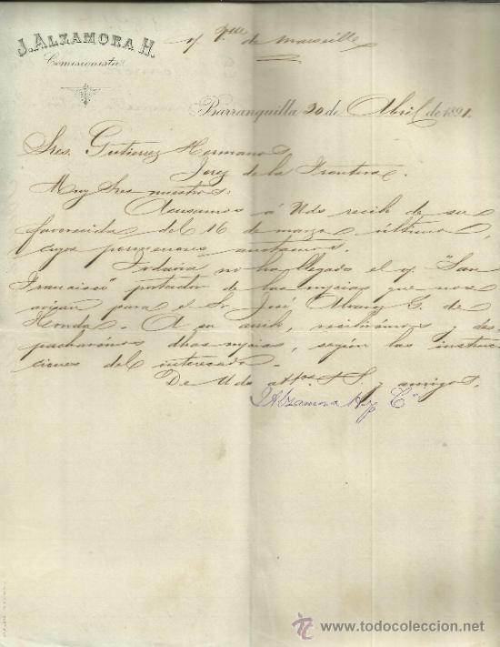 Commercial Letters: CARTA COMERCIAL DE J. ALZAMORA H. COMISIONISTAS. BARRANQUILLA. COLOMBIA. 1891