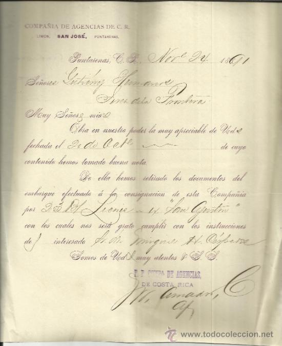 Commercial Letters: CARTA DE COMERCIAL DE COMPA&Ntilde;IA DE AGENCIAS DE C.R. PUNTARENAS. COSTA RICA. 1891