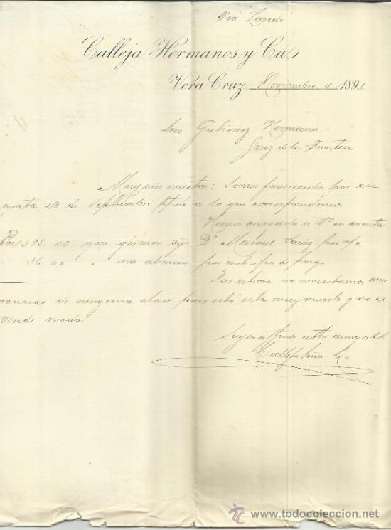 Commercial Letters: CARTA COMERCIAL DE CALLEJA HERMANOS Y Ca. VERACRUZ. M&Eacute;XICO. 1891