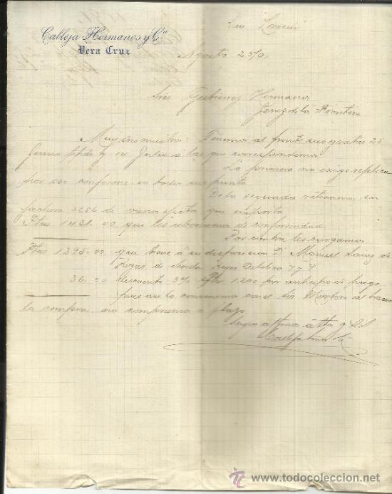 Commercial Letters: CARTA COMERCIAL DE CALLEJA HERMANOS Y  Ca . VERACRUZ. MEXICO. 1891