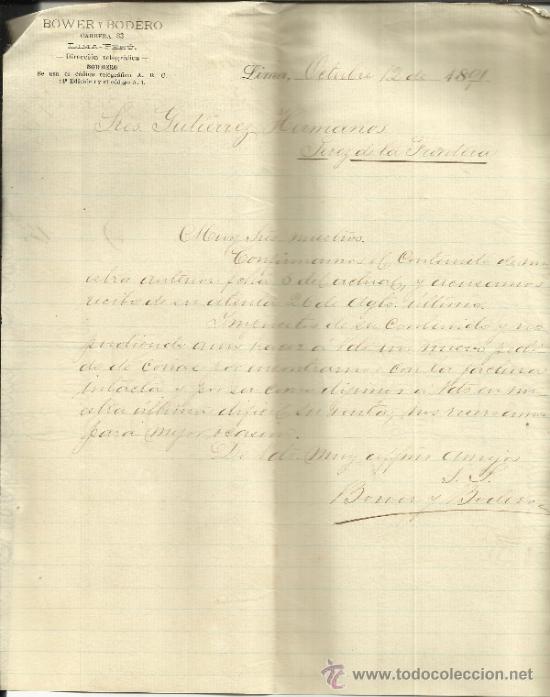 Commercial Letters: CARTA COMERCIAL DE BOWER Y BODERO. LIMA. PER&Uacute;. 1891