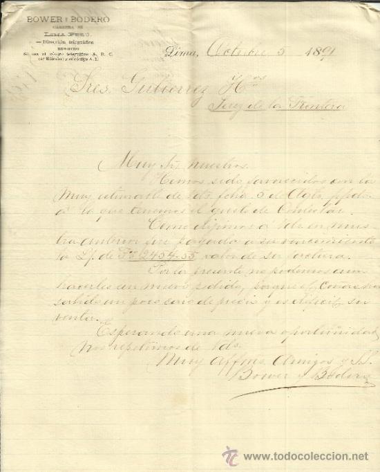 Commercial Letters: CARTA COMERCIAL DE BOWER Y BODERO. LIMA. PER&Uacute;. 1891