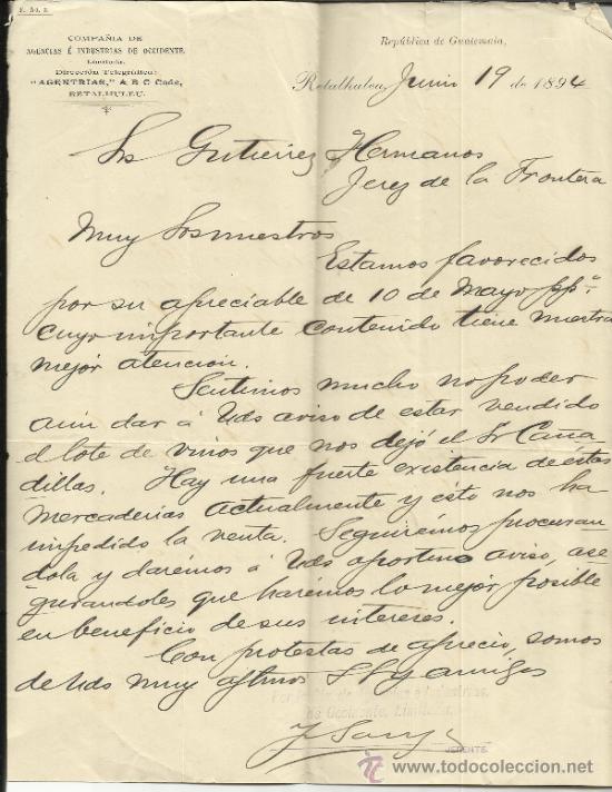 Commercial Letters: CARTA COMERCIAL DE COMPA&Ntilde;IA DE AGENCIAS E INDUSTRIAS DE OCCIDENTE. RETALHULEU. GUATEMALA. 1894