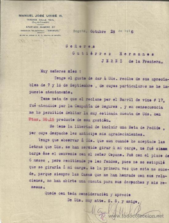 Commercial Letters: CARTA COMERCIAL DE MANUEL JOS&Eacute; URIBE R. BOGOT&Aacute;. COLOMBIA. 1916