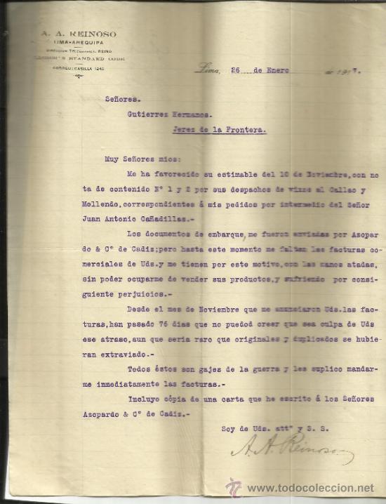 Commercial Letters: CARTA COMERCIAL DE A.A. REINOSO. LIMA. PER&Uacute;. 1917