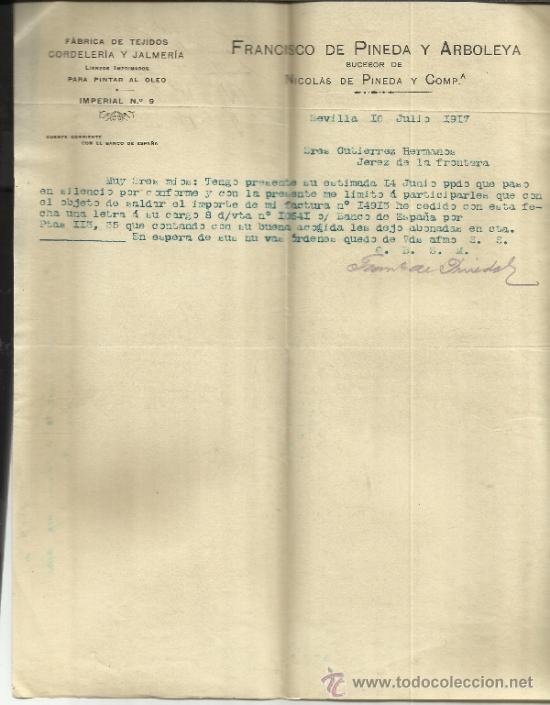 Commercial Letters: CARTA COMERCIAL DE FRANCISCO DE PINEDA Y ARBOLEYA. F&Aacute;BRICA DE TEJIDOS. SEVILLA. 1917