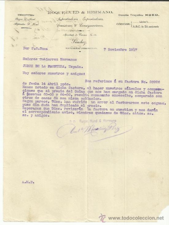 Commercial Letters: CARTA COMERCIAL DE ROQUE HUED & HERMANO. IMPORTADORES. REP&Uacute;BLICA DOMINICANA. 1917