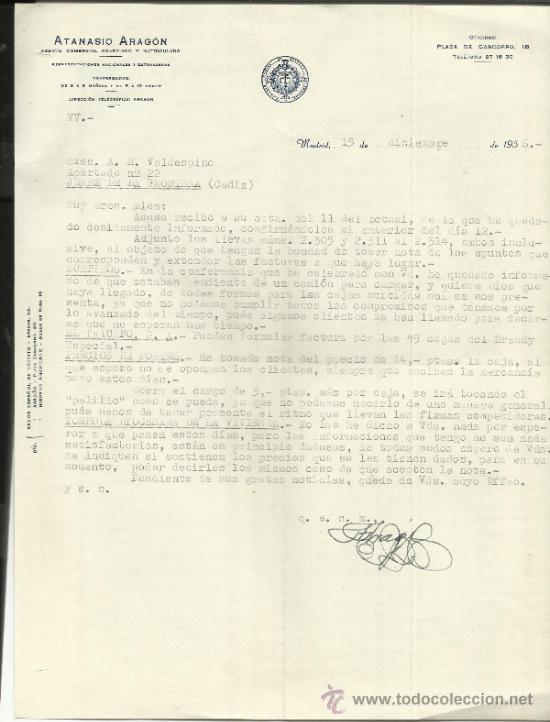Commercial Letters: CARTA COMERCIAL DE ATANASIO ARAG&Oacute;N. AGENTE COMERCIAL. MADRID. 1956