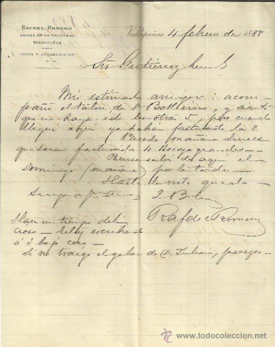 Commercial Letters: CARTA COMERCIAL DE RAFAEL ROMERO. VINOS Y AGUARDIENTES. VALDEPE&Ntilde;AS. CIUDAD REAL. 1888