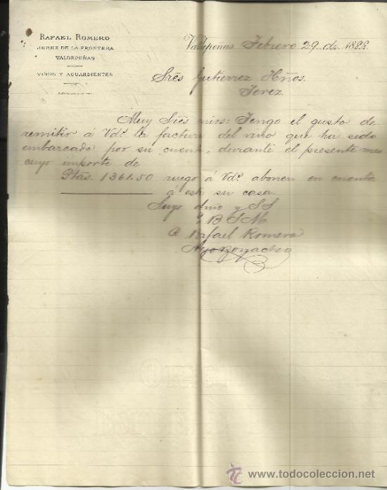 Commercial Letters: CARTA COMERCIAL DE RAFAEL ROMERO. VINOS Y AGUARDIENTES. VALDEPE&Ntilde;AS. CIUDAD REAL. 1888