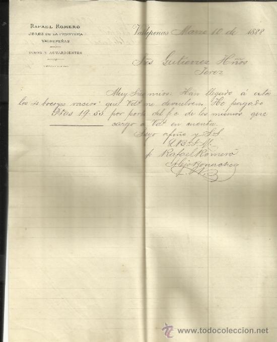 Cartas comerciais: CARTA COMERCIAL DE RAFAEL ROMERO. VINOS Y AGUARDIENTES. JEREZ DE LA FRONTERA. CADIZ. 1888