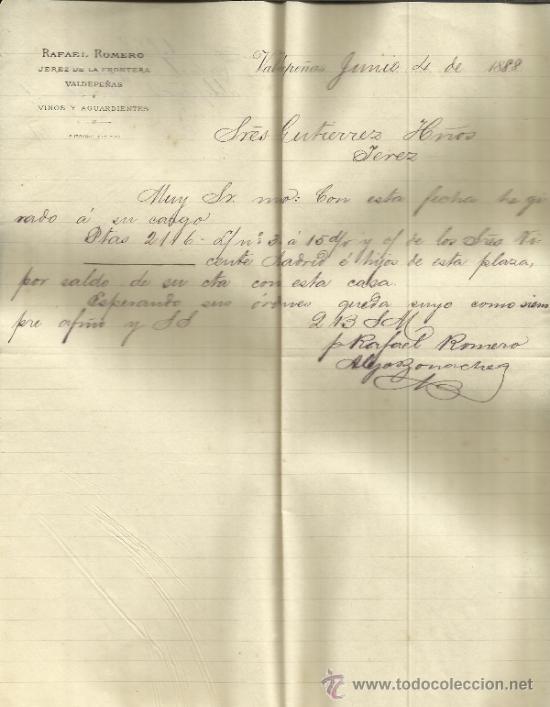 Cartas comerciais: CARTA COMERCIAL DE RAFAEL ROMERO. VINOS Y AGUARDIENTES. JEREZ DE LA FRONTERA. CADIZ. 1888