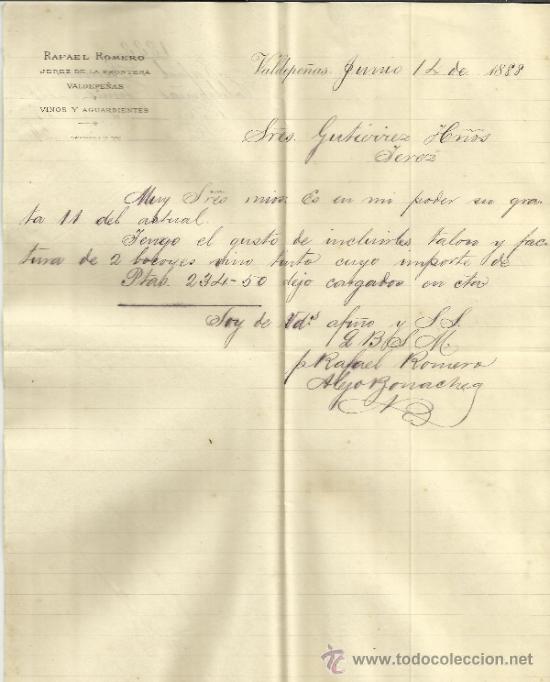 Cartas comerciais: CARTA COMERCIAL DE RAFAEL ROMERO. VINOS Y AGUARDIENTES. JEREZ DE LA FRONTERA. CADIZ. 1888