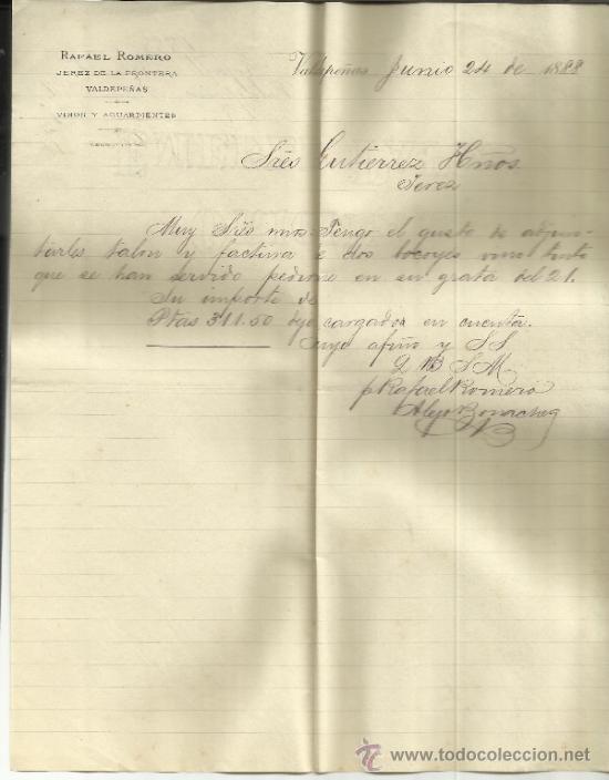 Cartas comerciais: CARTA COMERCIAL DE RAFAEL ROMERO. VINOS Y AGUARDIENTES. JEREZ DE LA FRONTERA. CADIZ. 1888